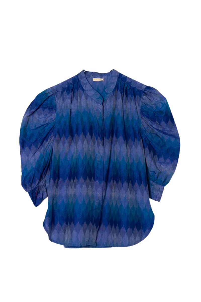 Blue Puff Sleeve Top in Ikat Print