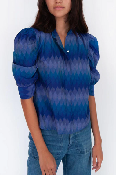 Blue Puff Sleeve Top in Ikat Print