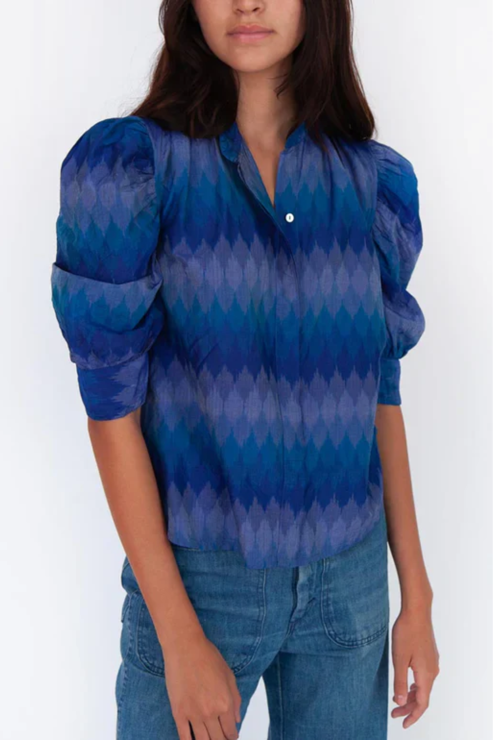Load image into Gallery viewer, Blue Puff Sleeve Top in Ikat Print
