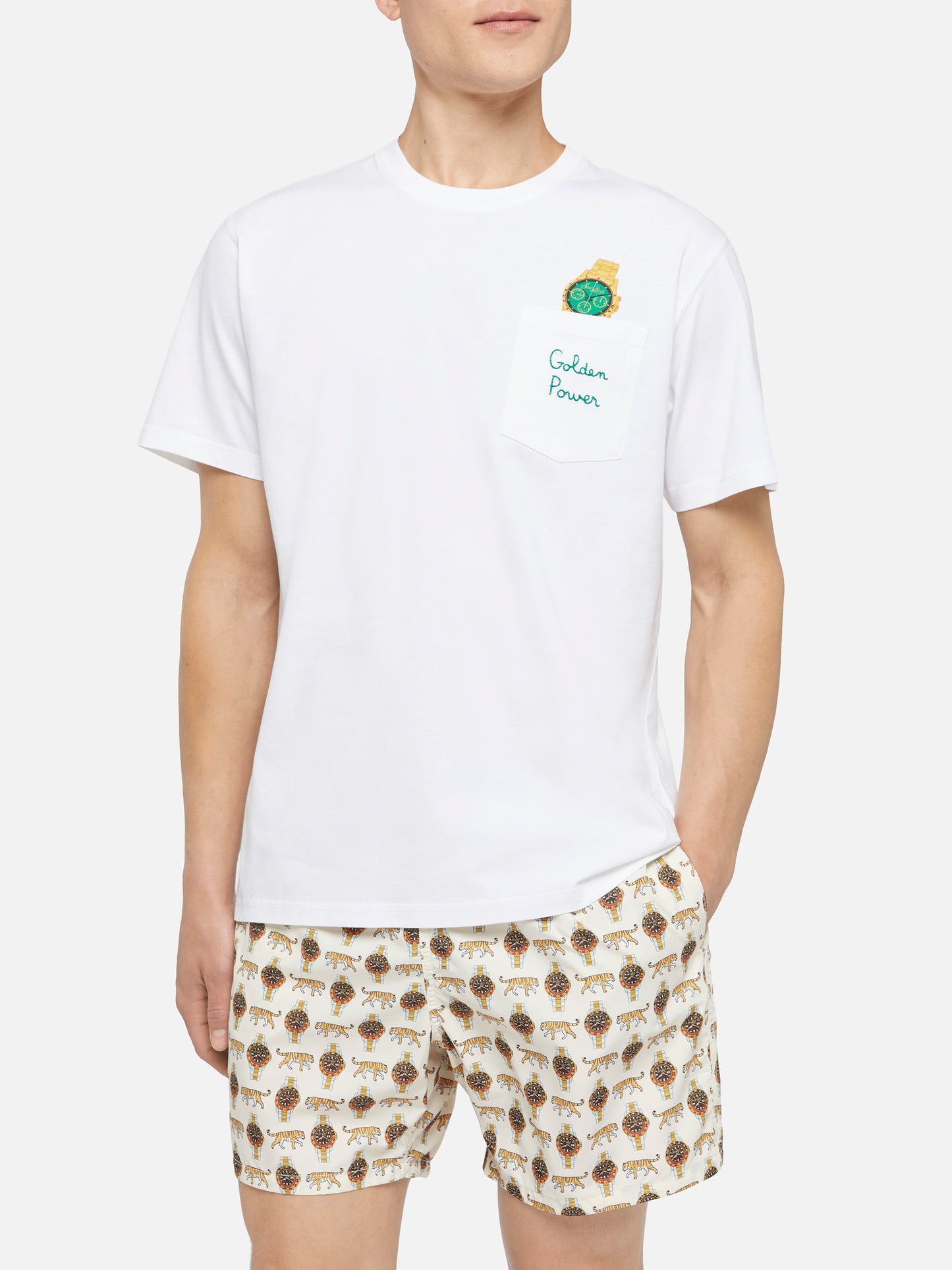 Austin Cotton T-Shirt with Embroidery and Watch Print