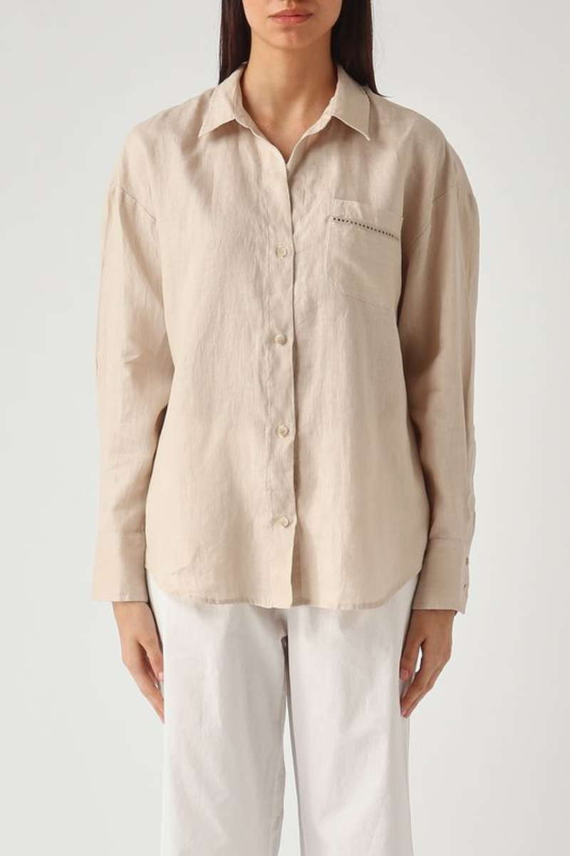 Beige Linen Cristal Shirt with Perforated Saint Barth Embroidery