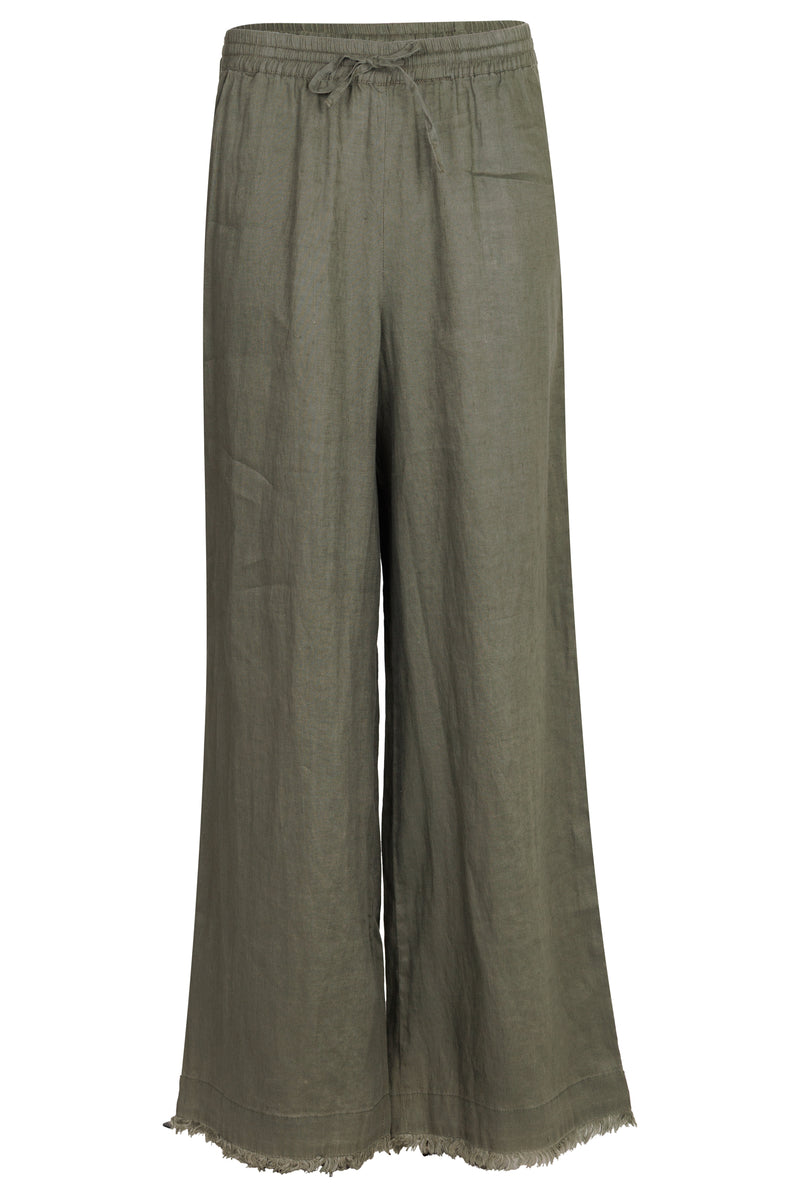Irma Khaki Linen Trousers with Frayed Hem