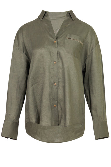 Khaki Linen Cristal Shirt with Perforated Saint Barth Embroidery