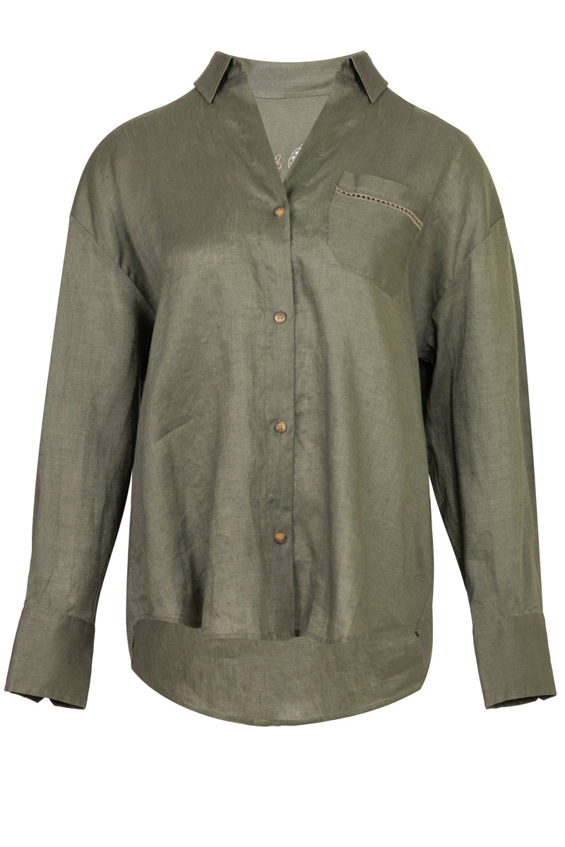 Khaki Linen Cristal Shirt with Perforated Saint Barth Embroidery