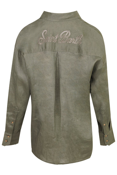 Khaki Linen Cristal Shirt with Perforated Saint Barth Embroidery