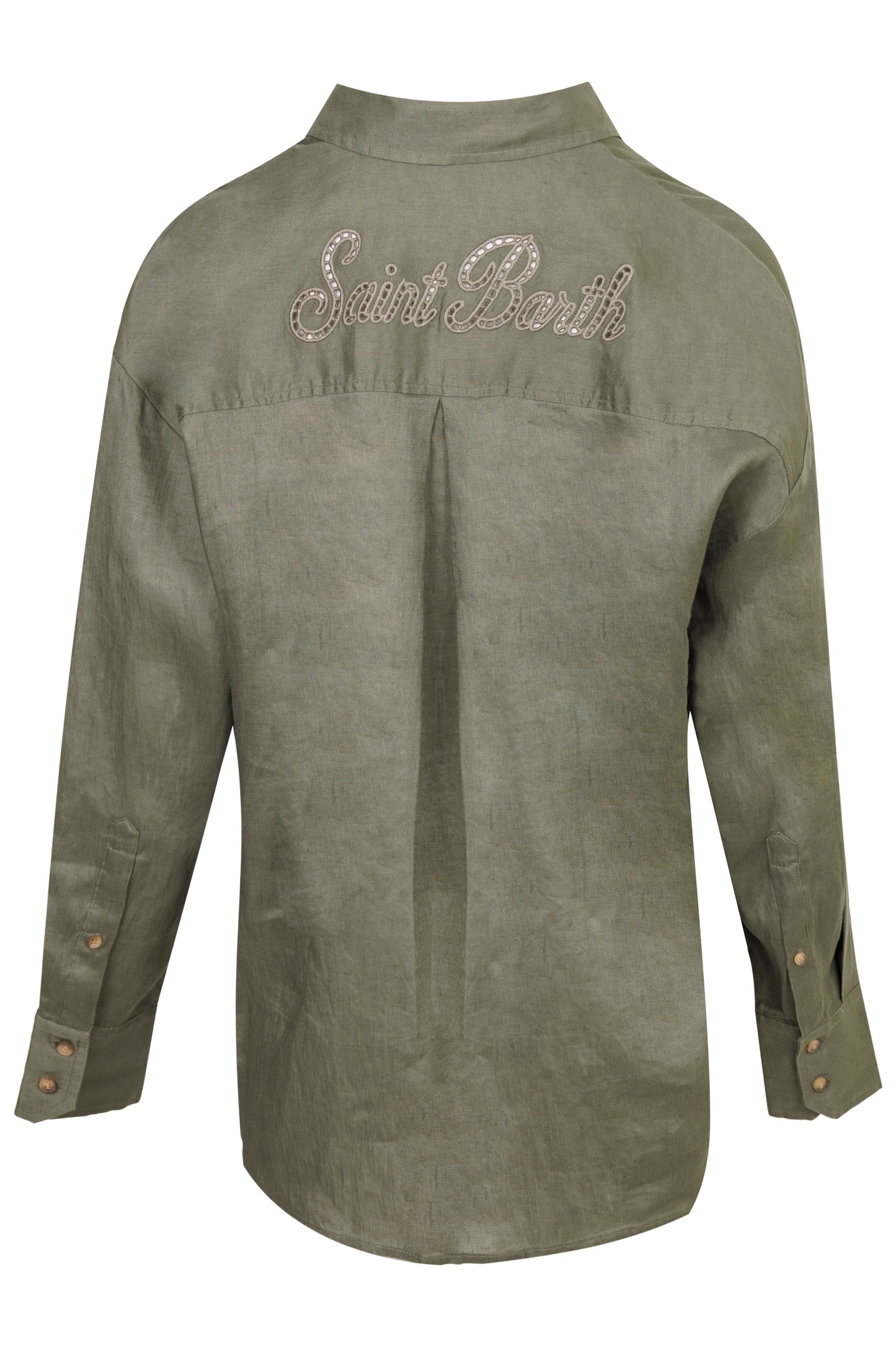 Load image into Gallery viewer, Khaki Linen Cristal Shirt with Perforated Saint Barth Embroidery
