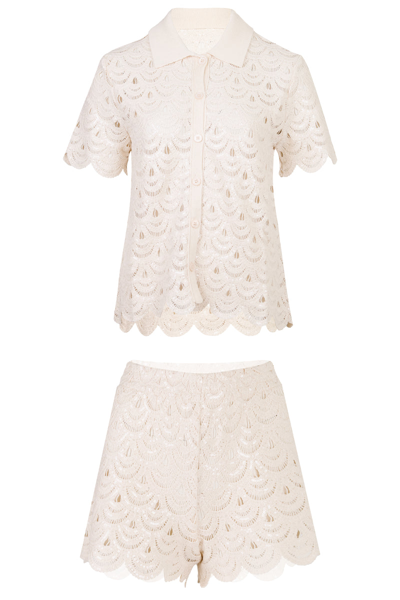 Monet and Meave Crochet Knit Set Sequins Beige