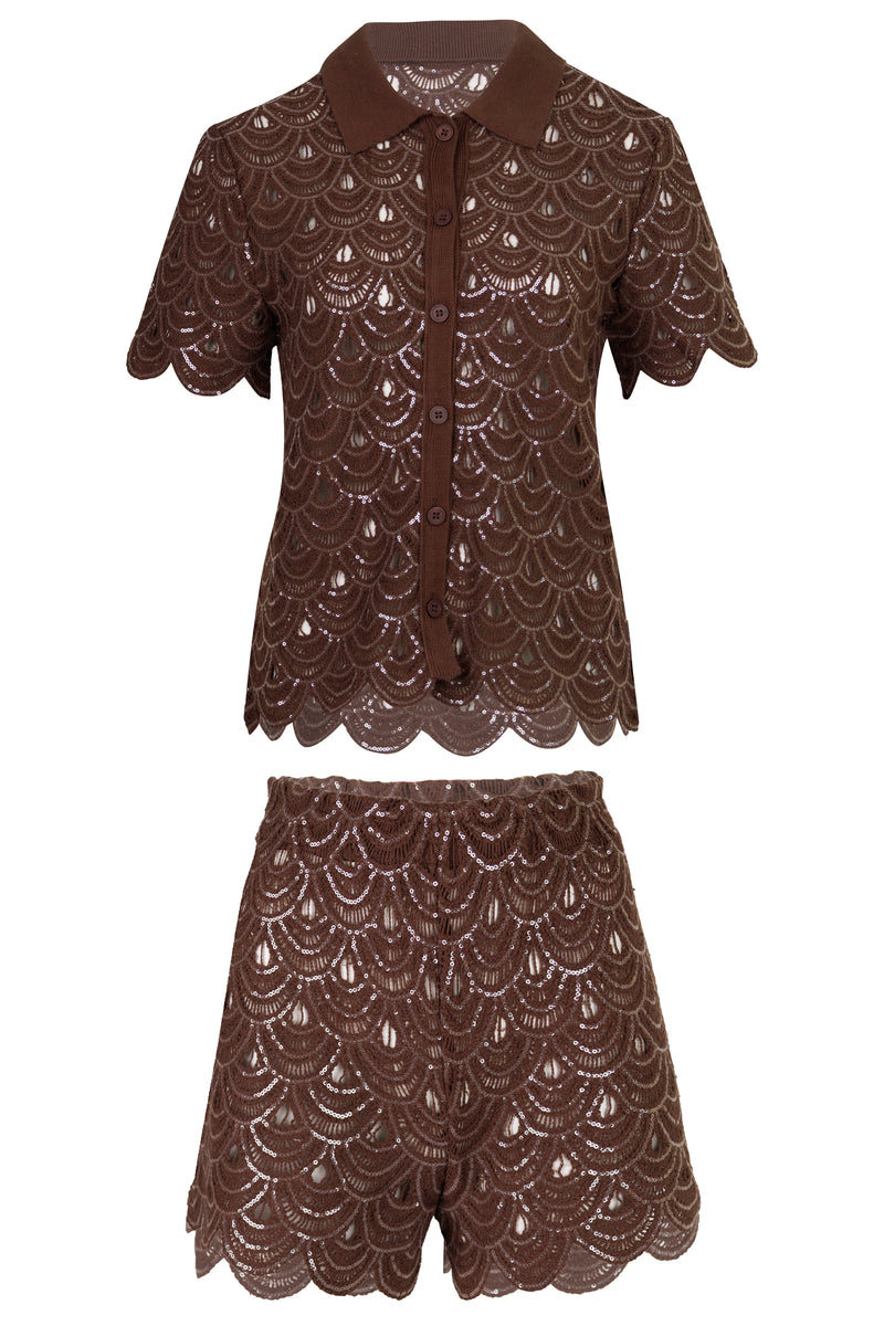 Monet and Meave Crochet Knit Set Sequins Brown