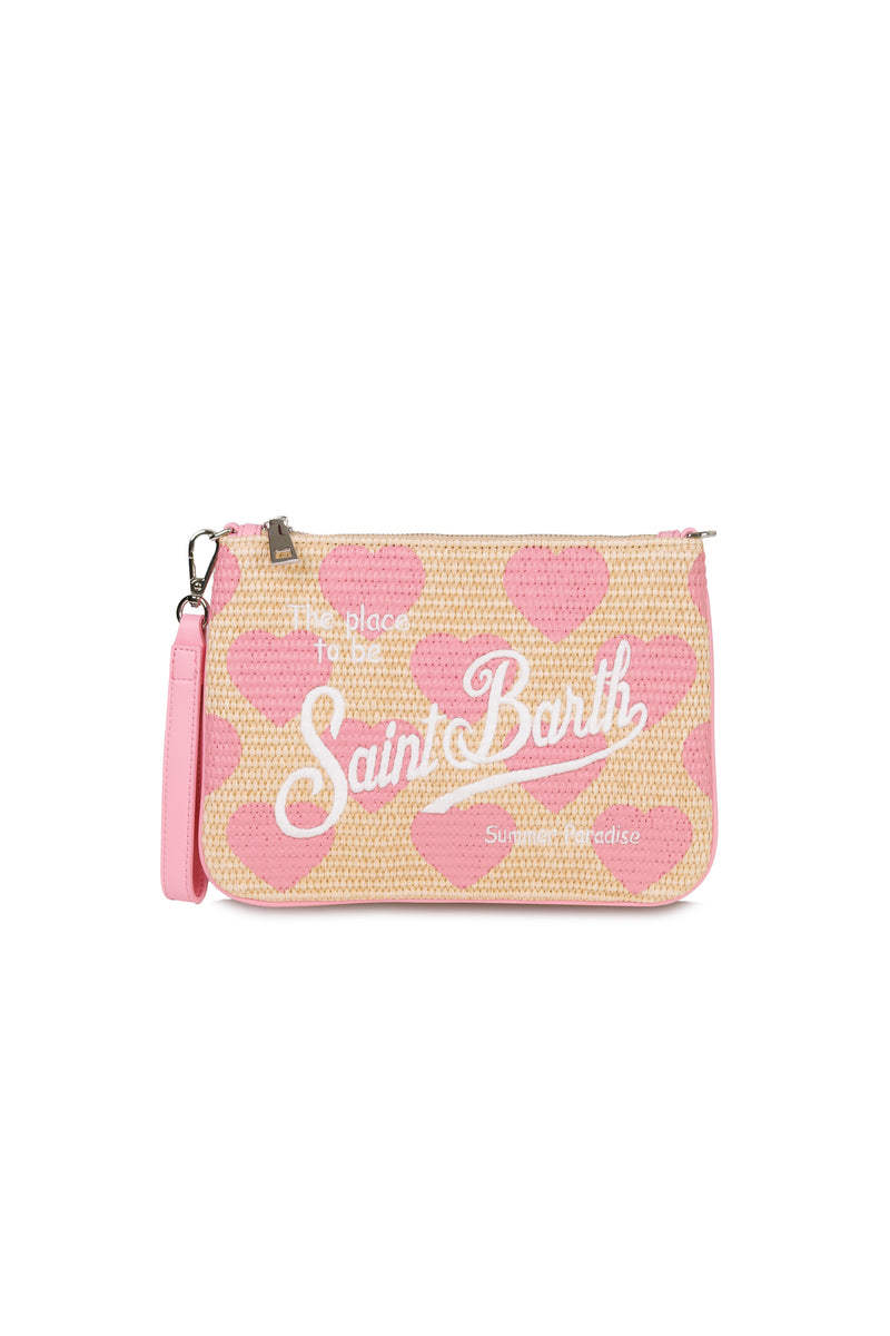 Parisiene Straw Pink Heart Pouch