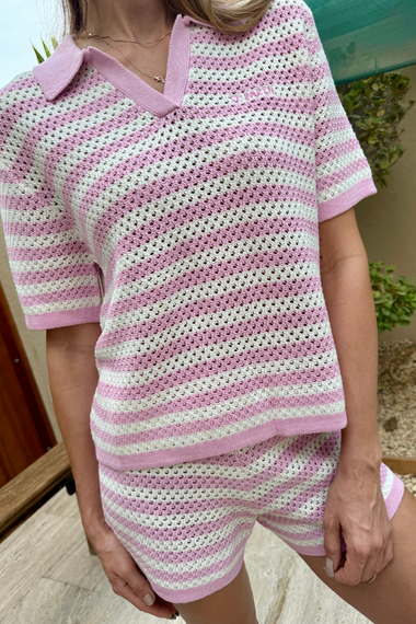 Pixie and Yvette Embroidered Knit Pink Stripes Set