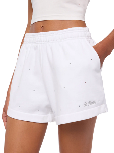Cate White Cotton Pull Up Shorts with Striped Rhinestone Embellishment