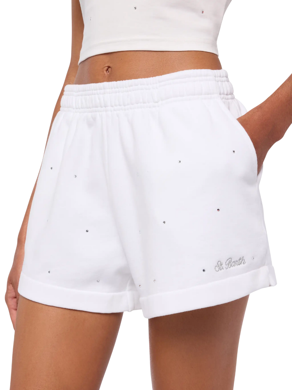 Load image into Gallery viewer, Cate White Cotton Pull Up Shorts with Striped Rhinestone Embellishment
