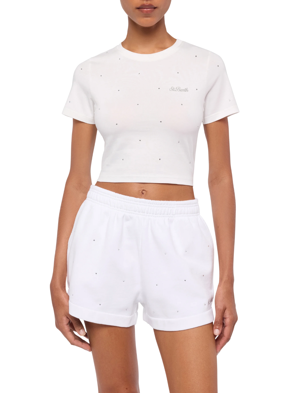 Load image into Gallery viewer, Nives Cotton T-shirt with Rhinestone Embellishment White
