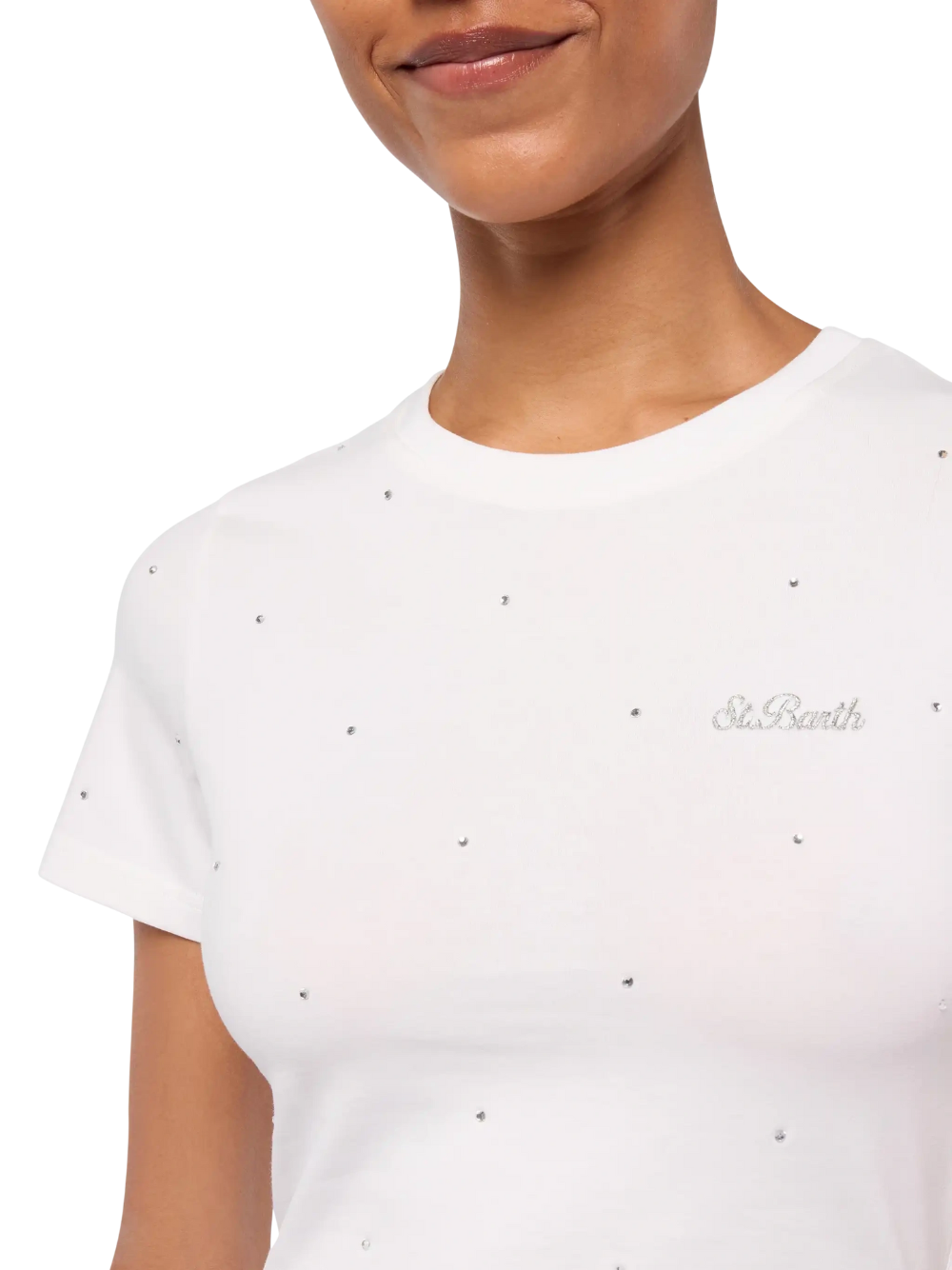 Load image into Gallery viewer, Nives Cotton T-shirt with Rhinestone Embellishment White
