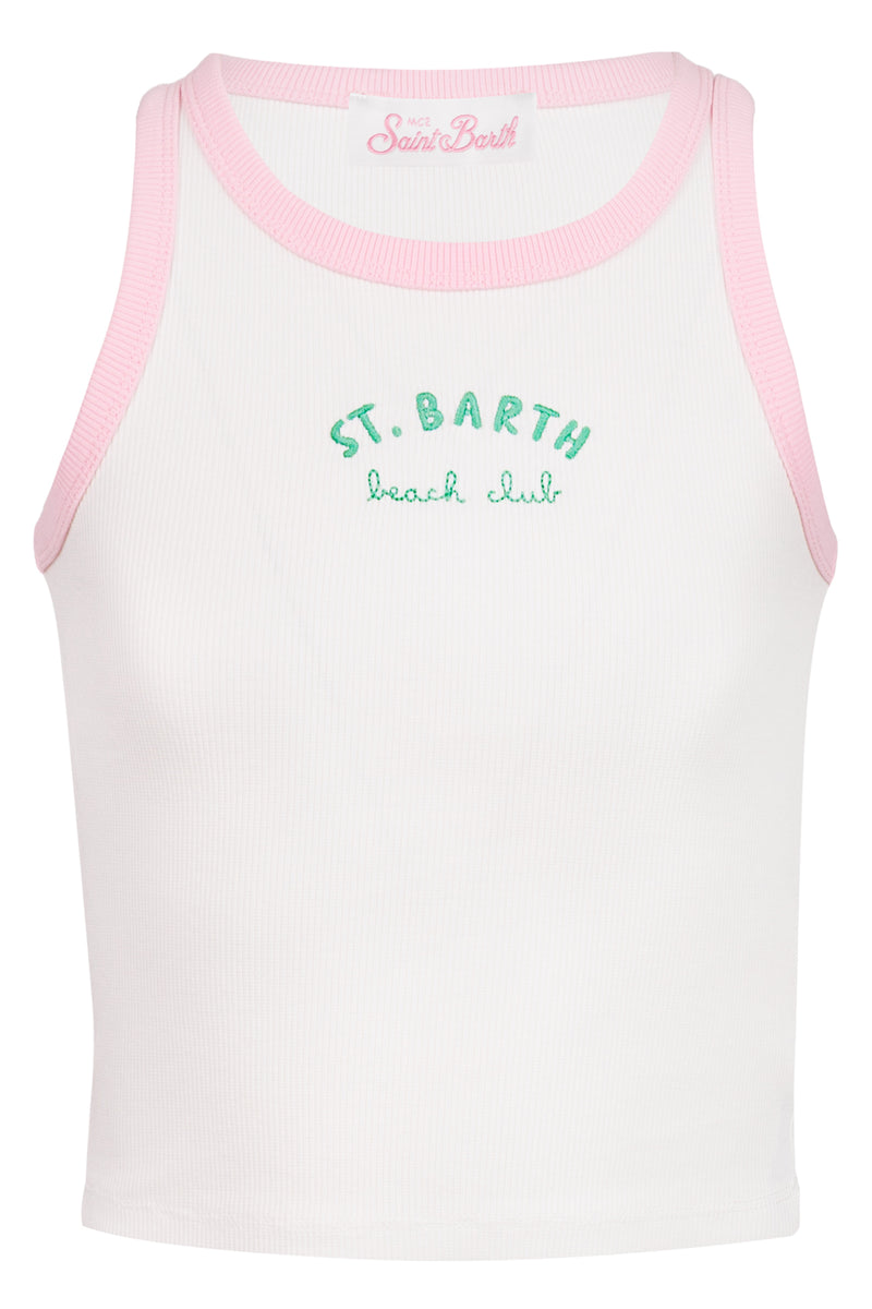 Blue Jr Tank-Top White With Embroidered Logo And Pink Trims