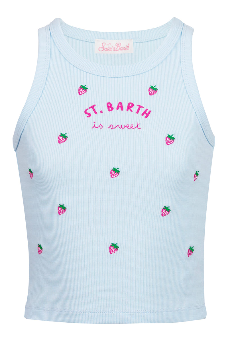 Blue Jr Tank-Top Light Blue With St. Barth Embroidery And Strawberries