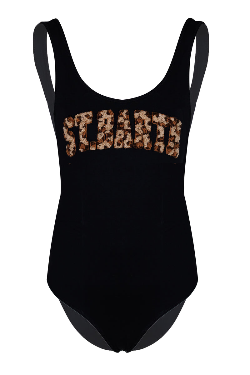 Cara Black Ribbed One-Piece With Leopard Terry logo Patch