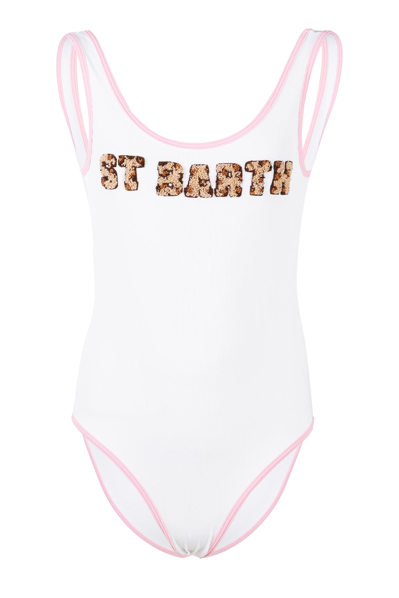 Cara White Ribbed One-Piece With Animal Print logo Patch