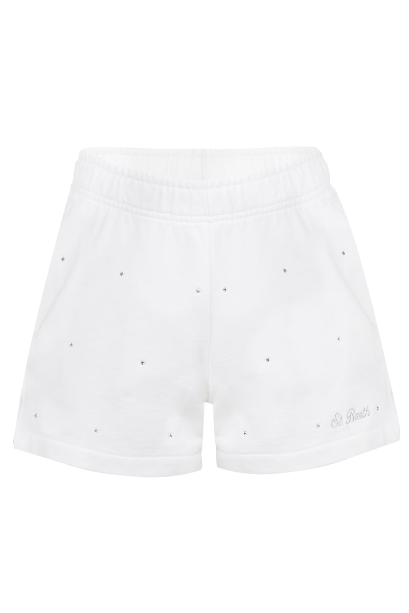 Cate White Cotton Shorts With Rhinestones