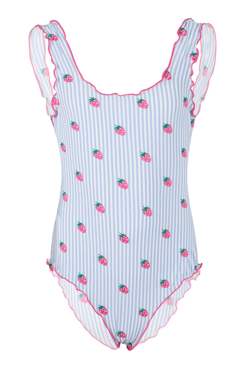 Clio One-piece Swimsuit Embroidered Seersucker With Blue Stripes