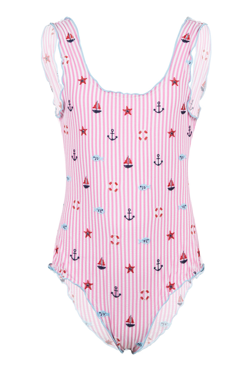 Clio One-piece Swimsuit Embroidered Seersucker With Pink Stripes