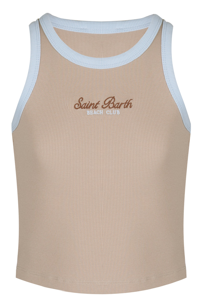 Girl Blue With Brown Rib-knit Cotton Crop Tank