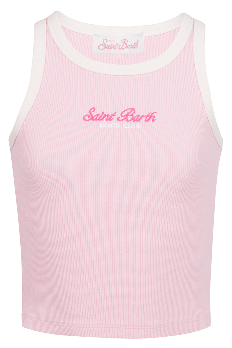 Girl Brown With Pink Rib-knit Cotton Crop Tank