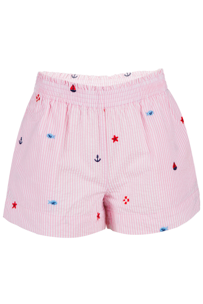 Meave Jr Seersucker Pull-up Shorts with Sailors Embroidery