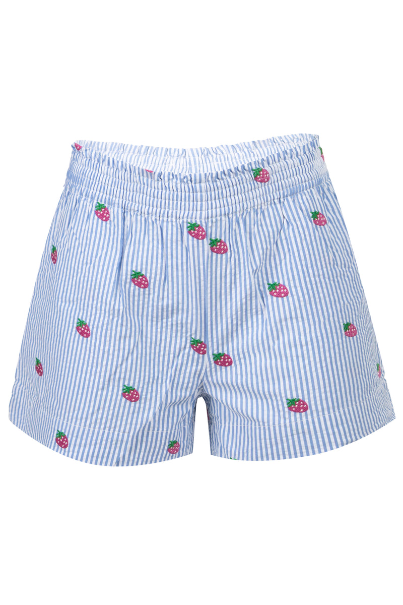 Meave Jr Seersucker Pull-up Shorts with Strawberry Embroidery