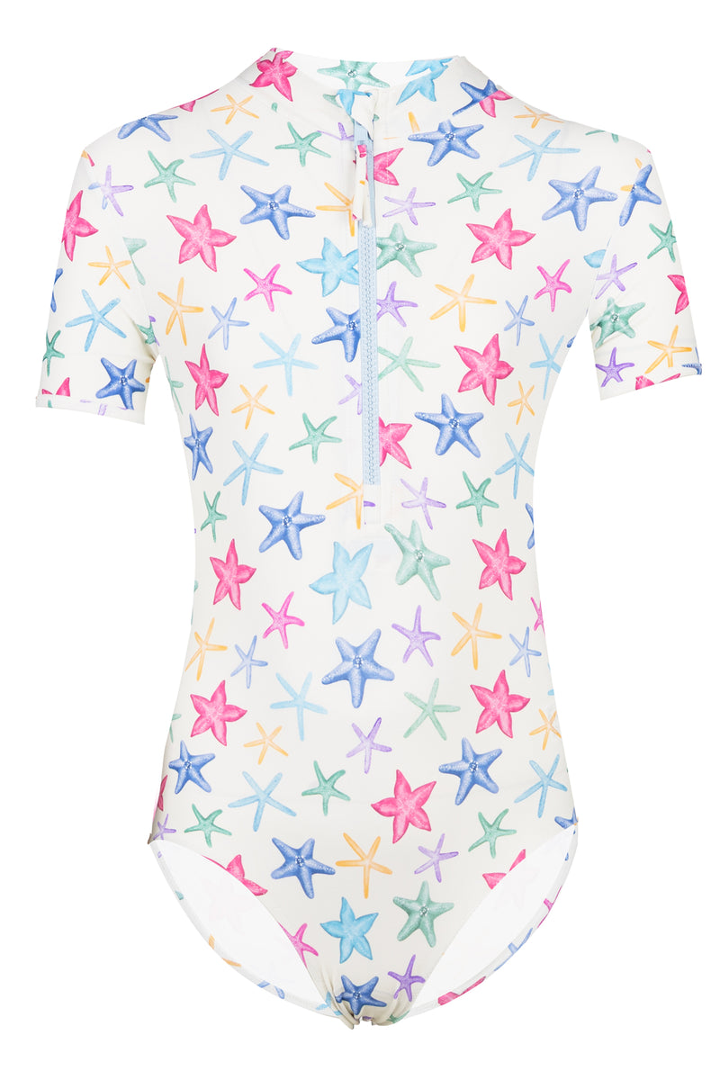 Waikiki One-piece Swimsuit Shirt Sleeve With Zip Starfish Prints