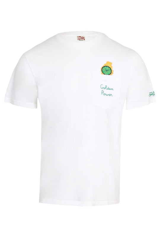 Austin Cotton T-Shirt with Embroidery and Watch Print