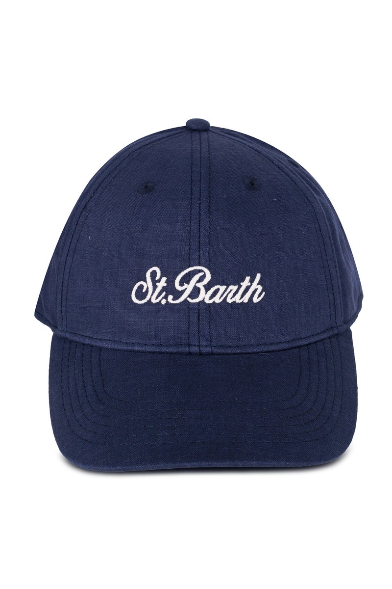Vintage Linen Navy Blue Baseball Cap With Embroidered Logo