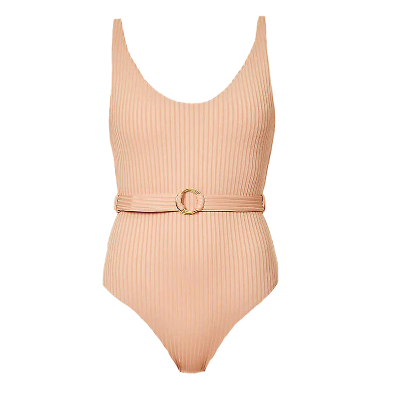 Belted One Piece Swimsuit in Tan - St Tropez Tan Ribbed One Piece
