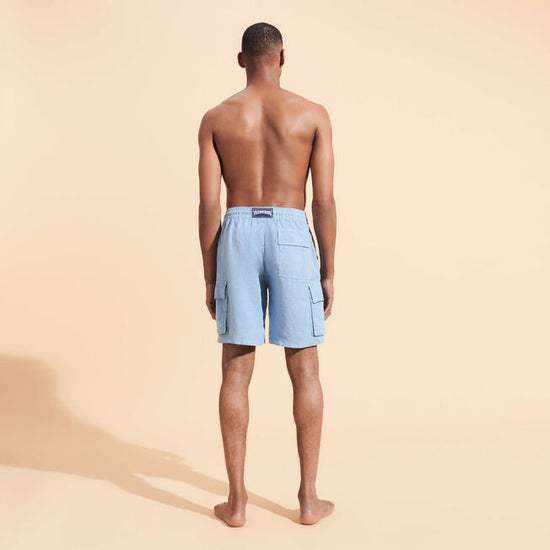 Men Linen Bermuda Shorts Cargo Pockets Divine Blue