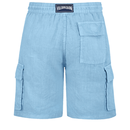 Men Linen Bermuda Shorts Cargo Pockets Divine Blue