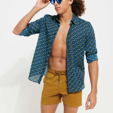 Men Stretch Short Swim Shorts Solid Dark Beige - Men’s Swim Shorts