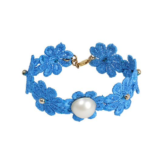 Cotton Bracelet Blue Flower With Pearl