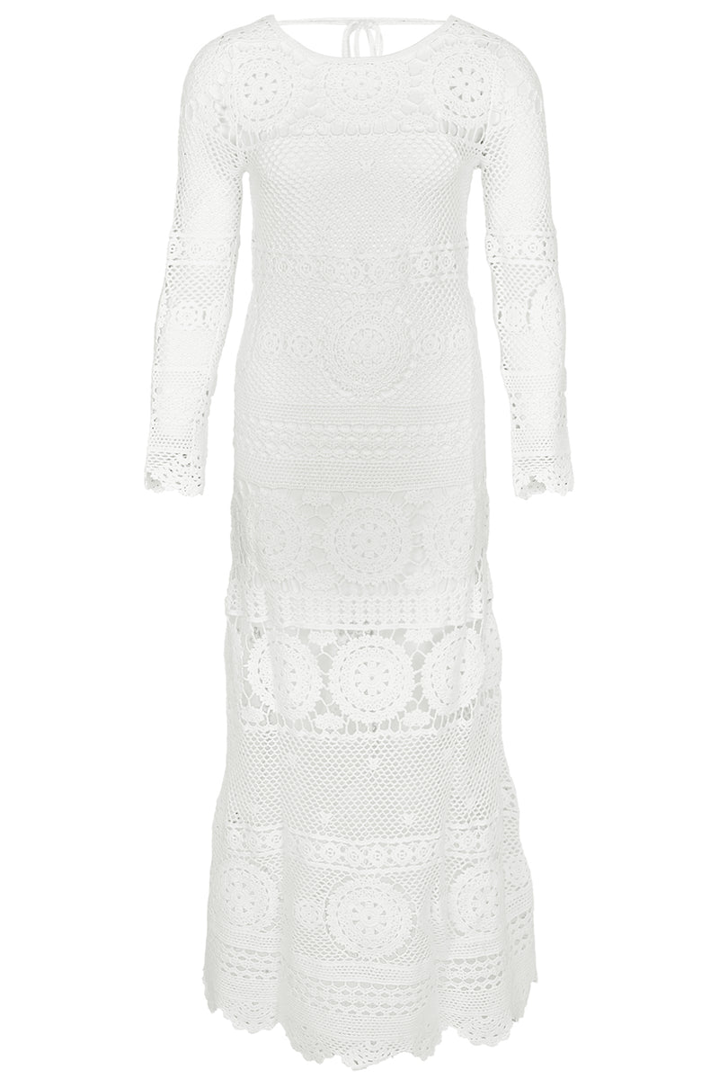 Long Sleeved Crochet Dress in White