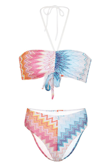 Bandeau Bikini In Zig Zag Lame Viscose Blend Shaded Fuchsia/Blue