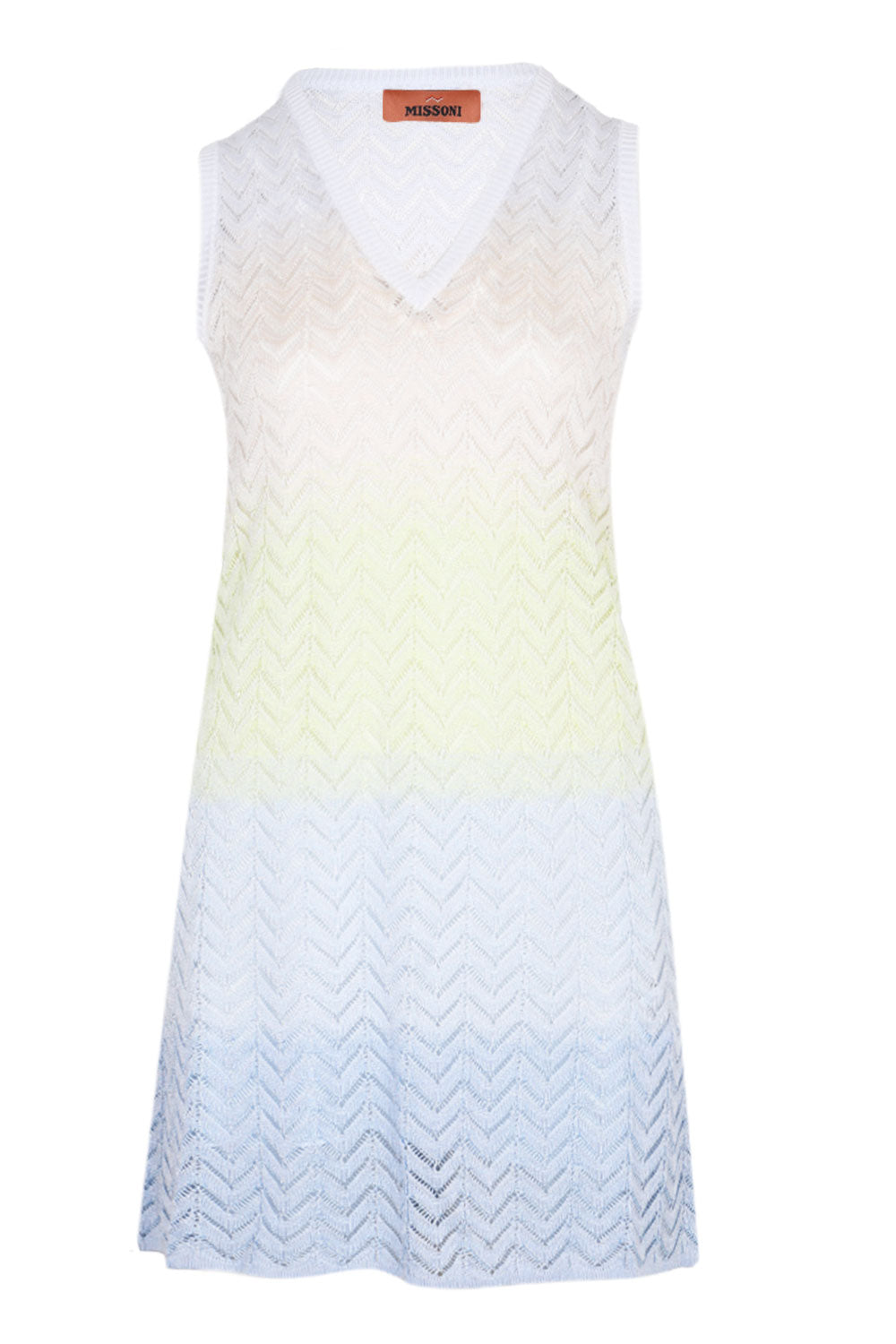 Load image into Gallery viewer, Gradient Chevron Viscose V-Neck Mini Dress Lightblue/Limegreen/Creamy

