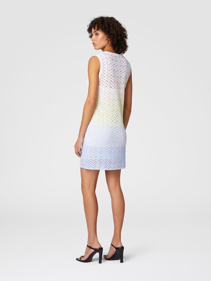 Load image into Gallery viewer, Gradient Chevron Viscose V-Neck Mini Dress Lightblue/Limegreen/Creamy

