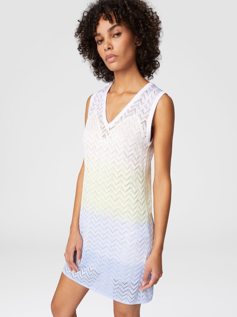 Load image into Gallery viewer, Gradient Chevron Viscose V-Neck Mini Dress Lightblue/Limegreen/Creamy
