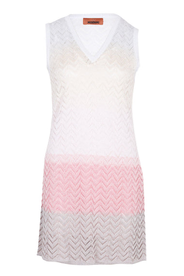 Gradient Chevron Viscose V Neck Mini Dress Beige/Pink/Creamy