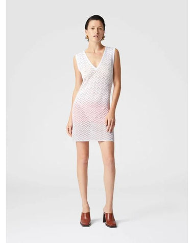 Gradient Chevron Viscose V Neck Mini Dress Beige/Pink/Creamy