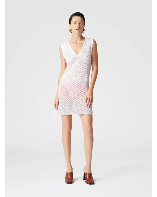 Load image into Gallery viewer, Gradient Chevron Viscose V Neck Mini Dress Beige/Pink/Creamy
