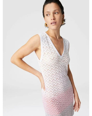 Gradient Chevron Viscose V Neck Mini Dress Beige/Pink/Creamy