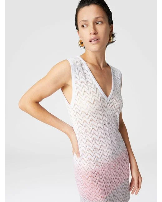 Load image into Gallery viewer, Gradient Chevron Viscose V Neck Mini Dress Beige/Pink/Creamy
