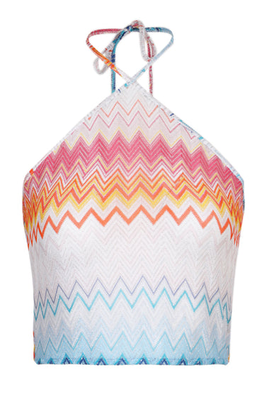 Lame ZigZag Viscose Blend Top with Halter Neckline Shaded Fuchsia/Blue