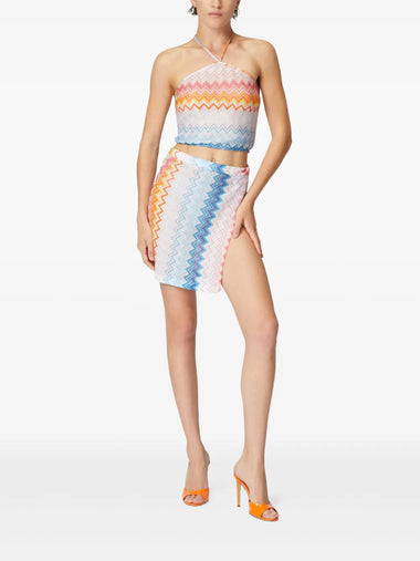 Lame ZigZag Viscose Blend Top with Halter Neckline Shaded Fuchsia/Blue