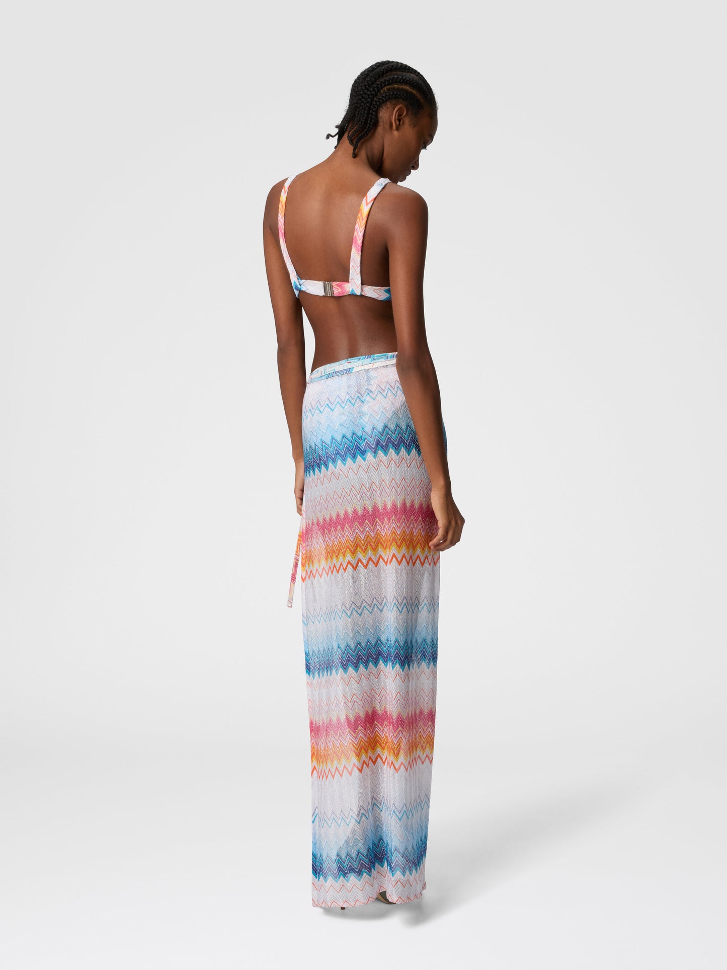 Load image into Gallery viewer, Long Skirt In Zig Zag Lame Viscose Blend with Drawstring Shaded Fuchsia/Blue
